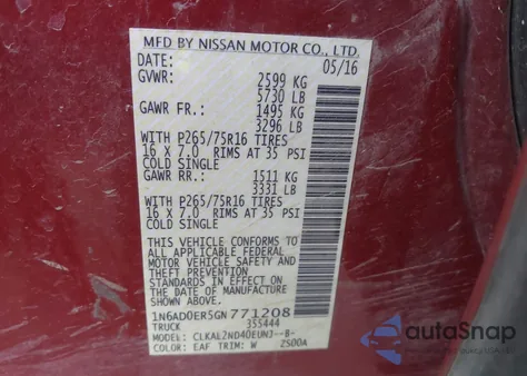 2016 Nissan Frontier Desert Runner z USA, uszkodzony, nr VIN 1N6AD0ER5GN771208